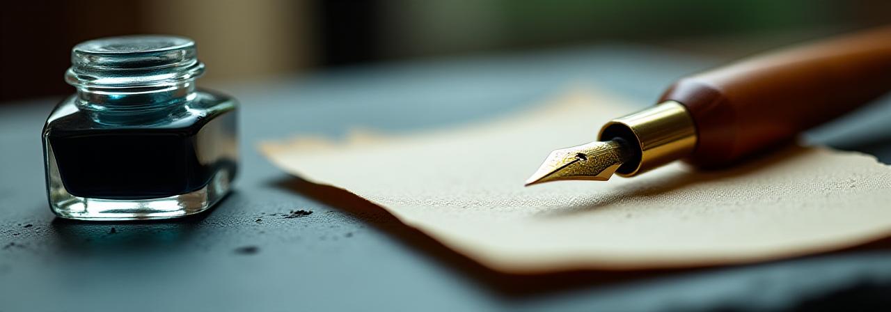 Close up of handcrafted paper and ink well